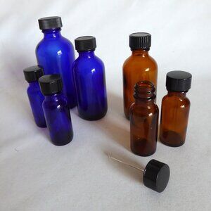 NEW 1, 2 & 4 oz COBALT BLUE AMBER EMPTY GLASS COSMETIC CONTAINER BOTTLE LOT OF 7